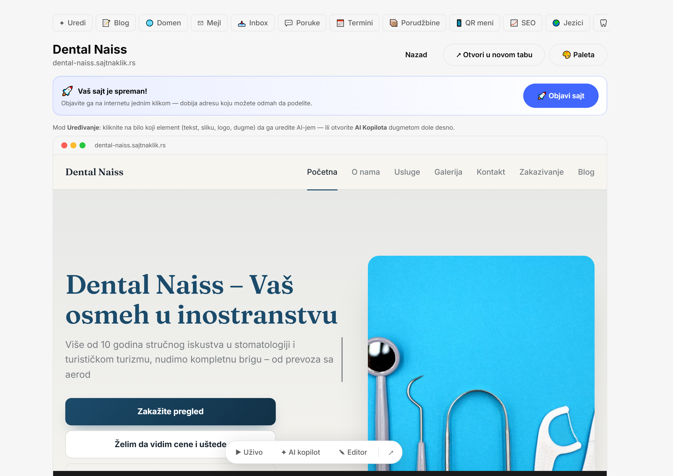 Uređujete klikom na element — tekst, sliku ili logo menja AI Kopilot.
