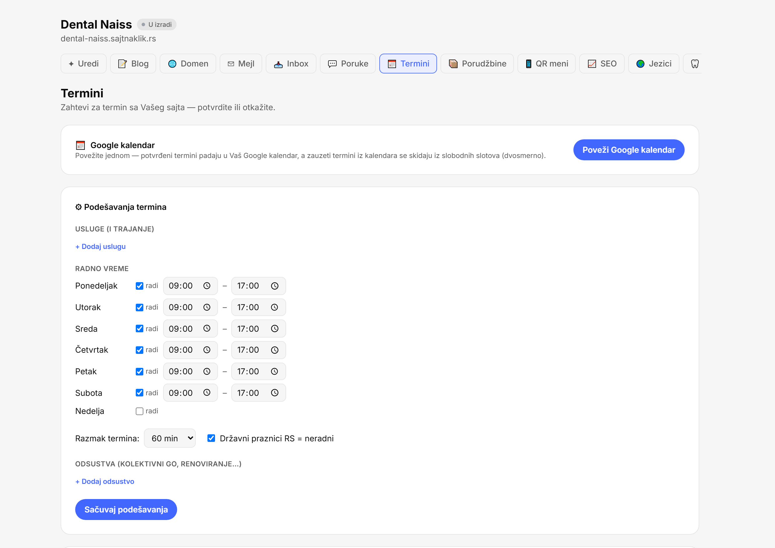 Termini sa Vašeg sajta stižu ovde i ulaze u Google kalendar.